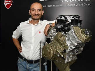 Claudio Domenicali unveiling Ducati's Desmosedici Stradale V4 engine
