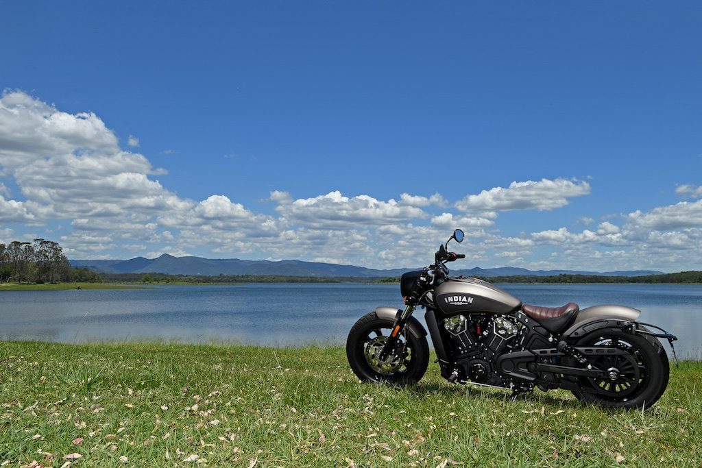 indian scout bobber launch static rear three quarter left