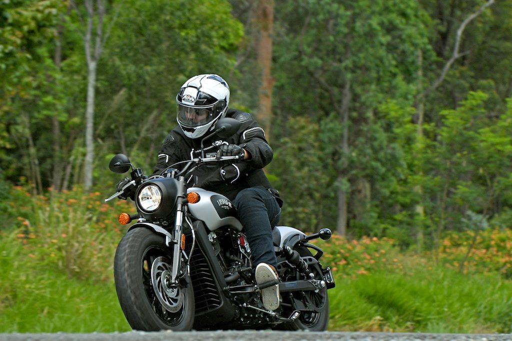 indian scout bobber launch action front three quarter left