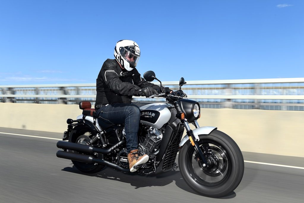 indian scout bobber launch tracking action front three quarter right